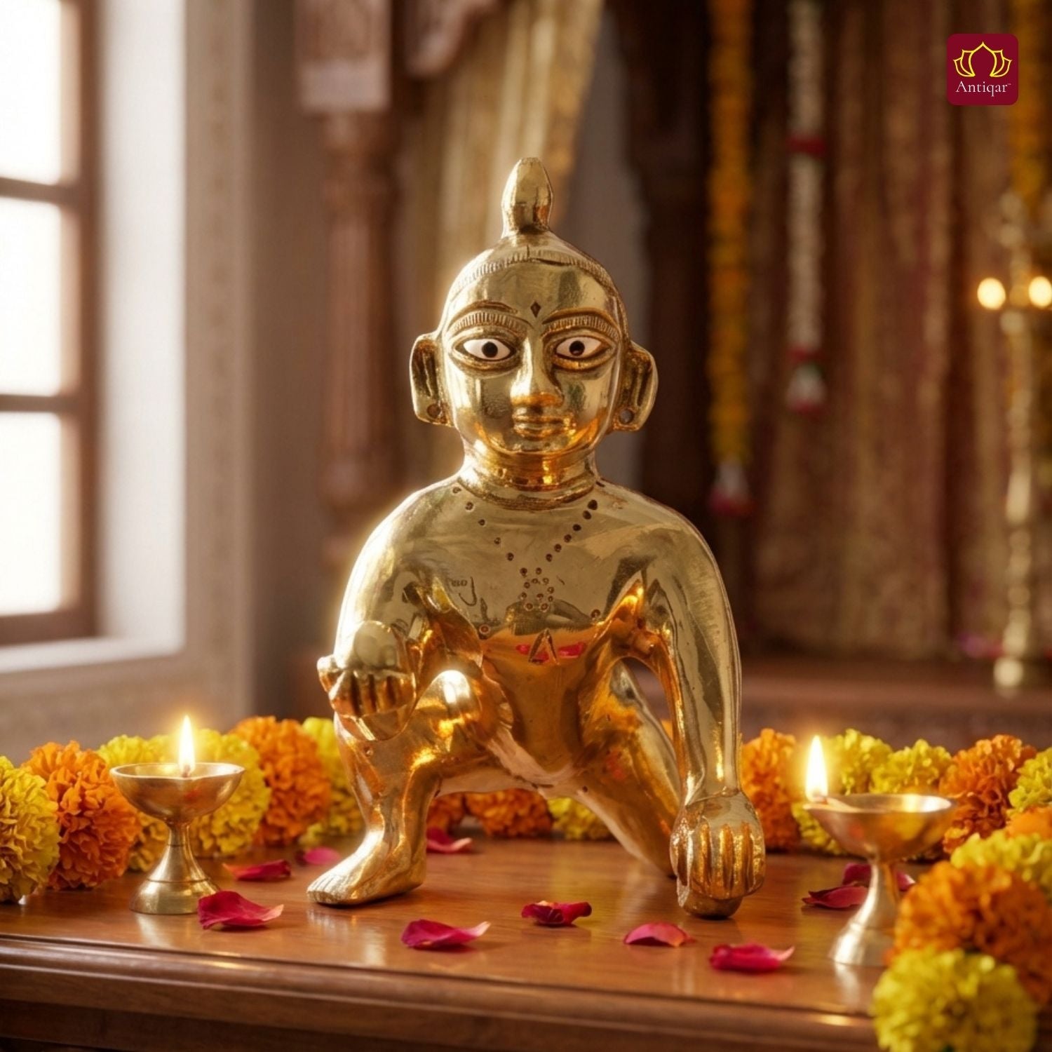 Handcrafted Laddu Gopal Brass Idol - 12cm | Superfine Finish | For Pooja, Temple & Car Dashboard Decor