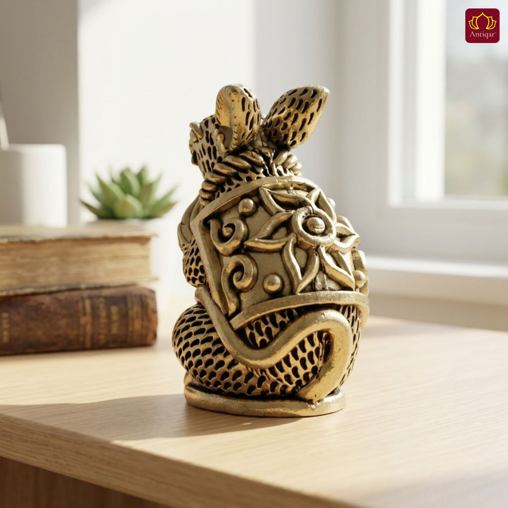 Brass Mooshak Raj (Rat ) Idol – 7.5 cm | Antique Golden Finish | Spiritual Use for Home, Temple & Car Dashboard Decor
