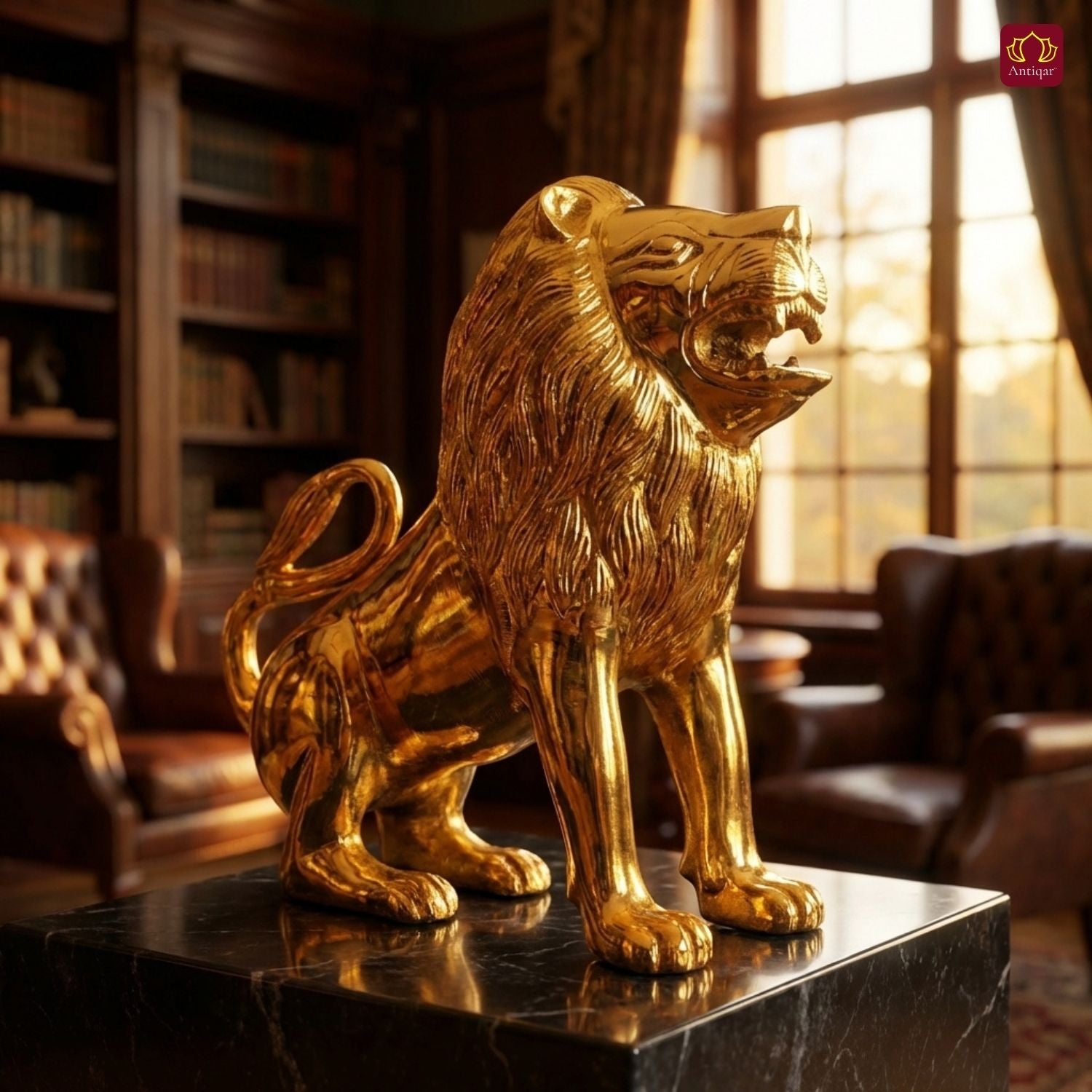 Antiqar Lion Pure Brass Figurine | Handicraft Artwork | Superfine Golden Finish | Home & Office Décor | Ideal for Gifting | Height 20cm