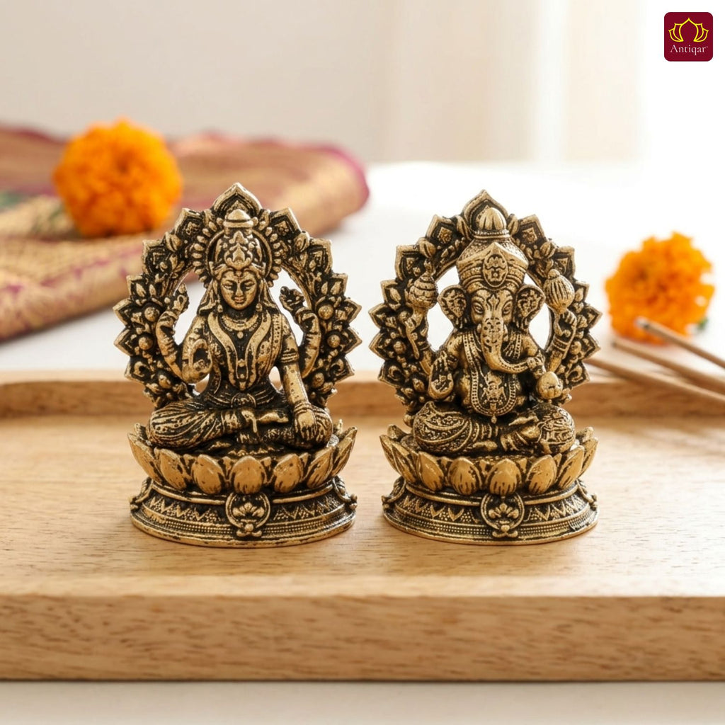 Brass Ganesh Laxmi Pair Idol - 4 cm | Golden Finish With Frame | Spiritual Idol for Temple & Home Decor