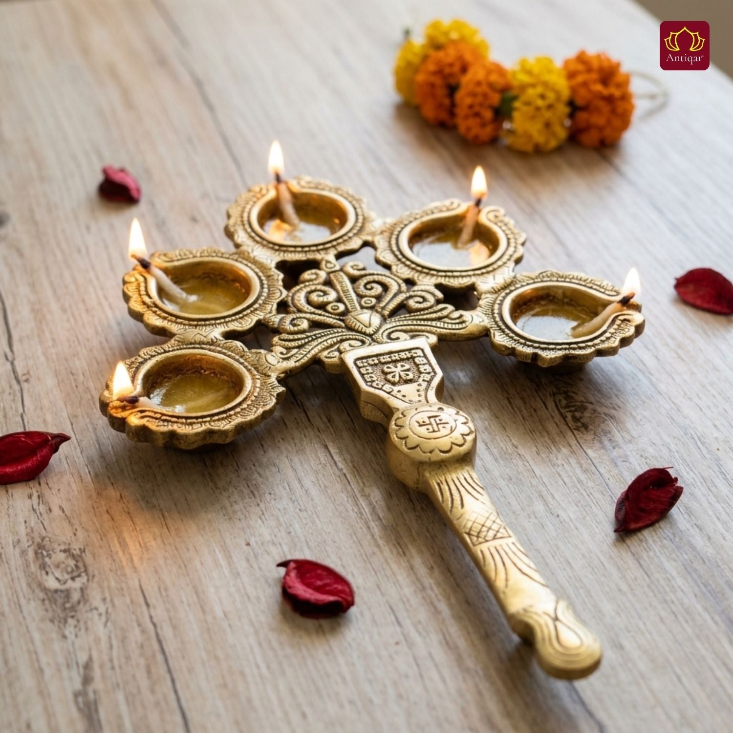 Brass Panch diya Aarti in Vintage Design Handle - 3cm | Antique Golden Finish | Handcrafted for Pooja Temple & Festival Decor