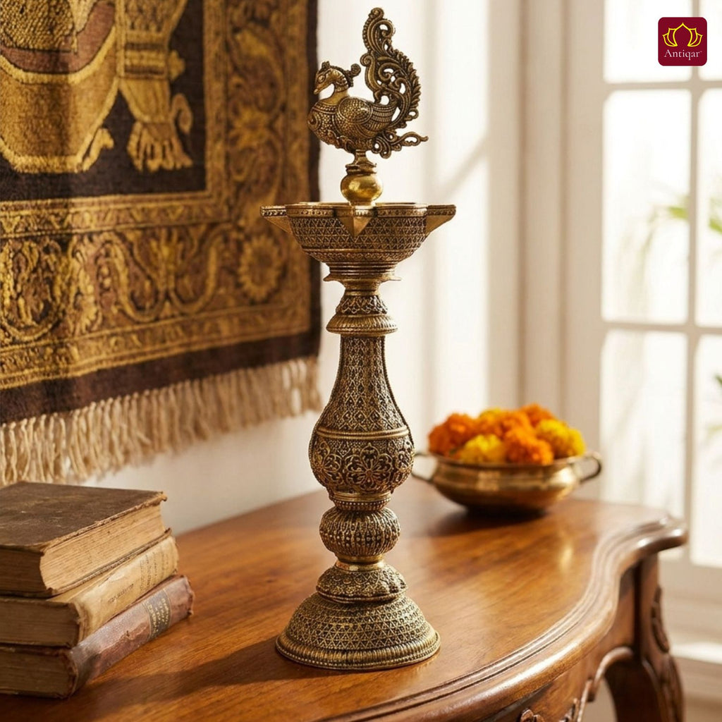 Brass Peacock Oil Lamp –20 cm | Antique Finish | Handcrafted Decor for Temple, Table & Home
