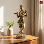 Brass Lord Krishna Idol Playing with Flute - 16.5cm | Antique Finish | Handcrafted Artwork | Home & Office Decor | Ideal for Gifting & Spiritual Blessings