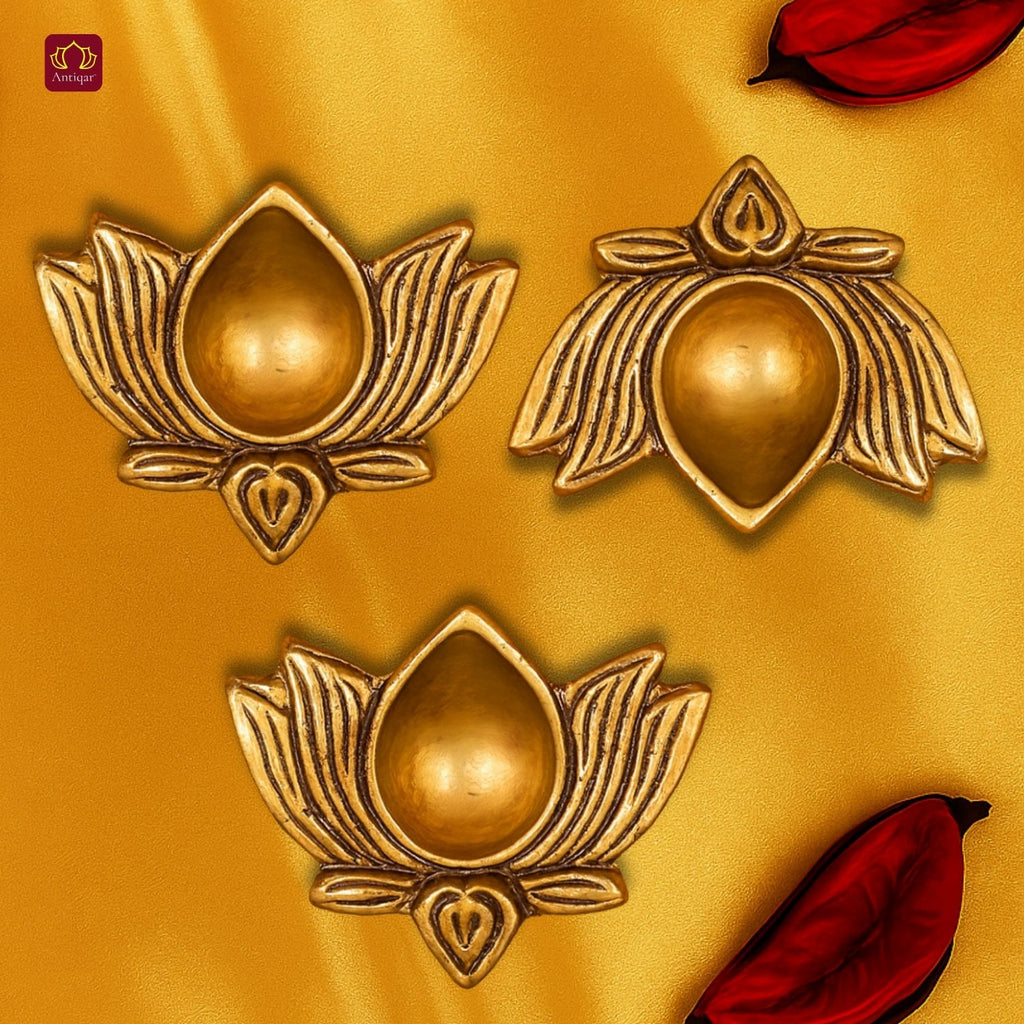 Brass Lotus Diya -2cm | Antique Golden Finish | Handcrafted for Pooja Temple & Festival Decor  (Set of 3)