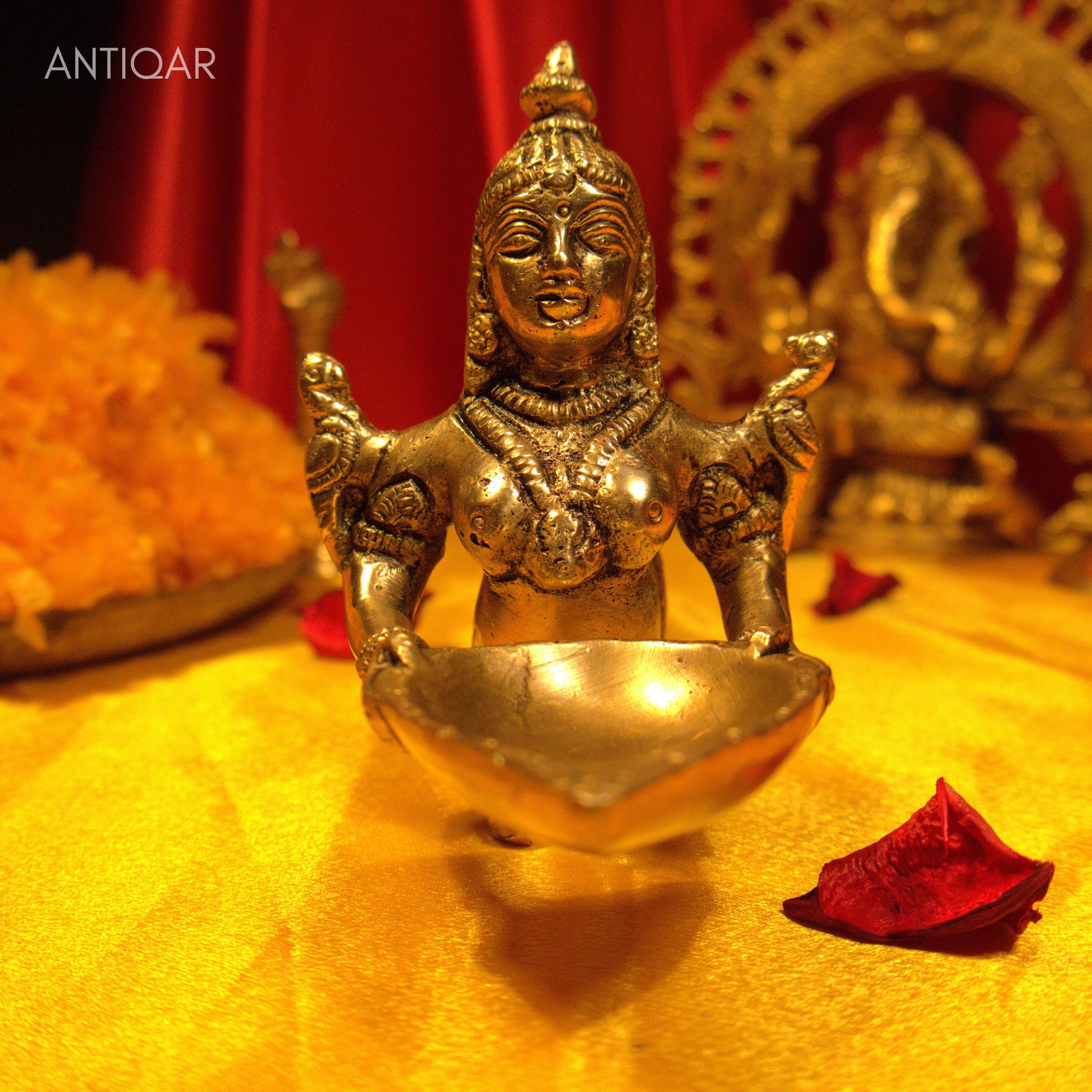 Brass Mermaid (Jalpari) Design Aarti Diya with Handle - 11cm | Antique Finish | Handcrafted item for Temple, Festive & Spritual Use