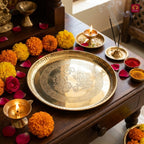 Brass Pooja Plate - 15.5cm diameter | Etched Design with Ganesh Laxmi, Diya & Shubh Labh | Ideal for Temple & Home Rituals