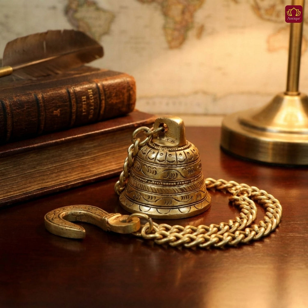 Designer Brass Bell with Kunda Chain – 6 cm | Antique Golden Finish | Handcrafted Puja Hanging for Temple, Home & Festival Decor