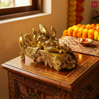 Brass Ganesh Ji Idol – 12 cm | Sitting on Peacock-Carved Singhasan with Ornate Backrest | Antique Golden Finish | Handcrafted Spiritual Decor for Temple, Home & Table