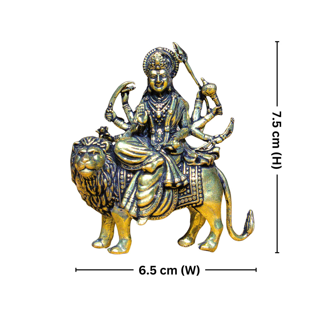 Brass Sherawali Maa Idol - 7.5cm | Sitting on Lion | Antique Golden Finish | Spiritual Idol for Temple & Home Decor