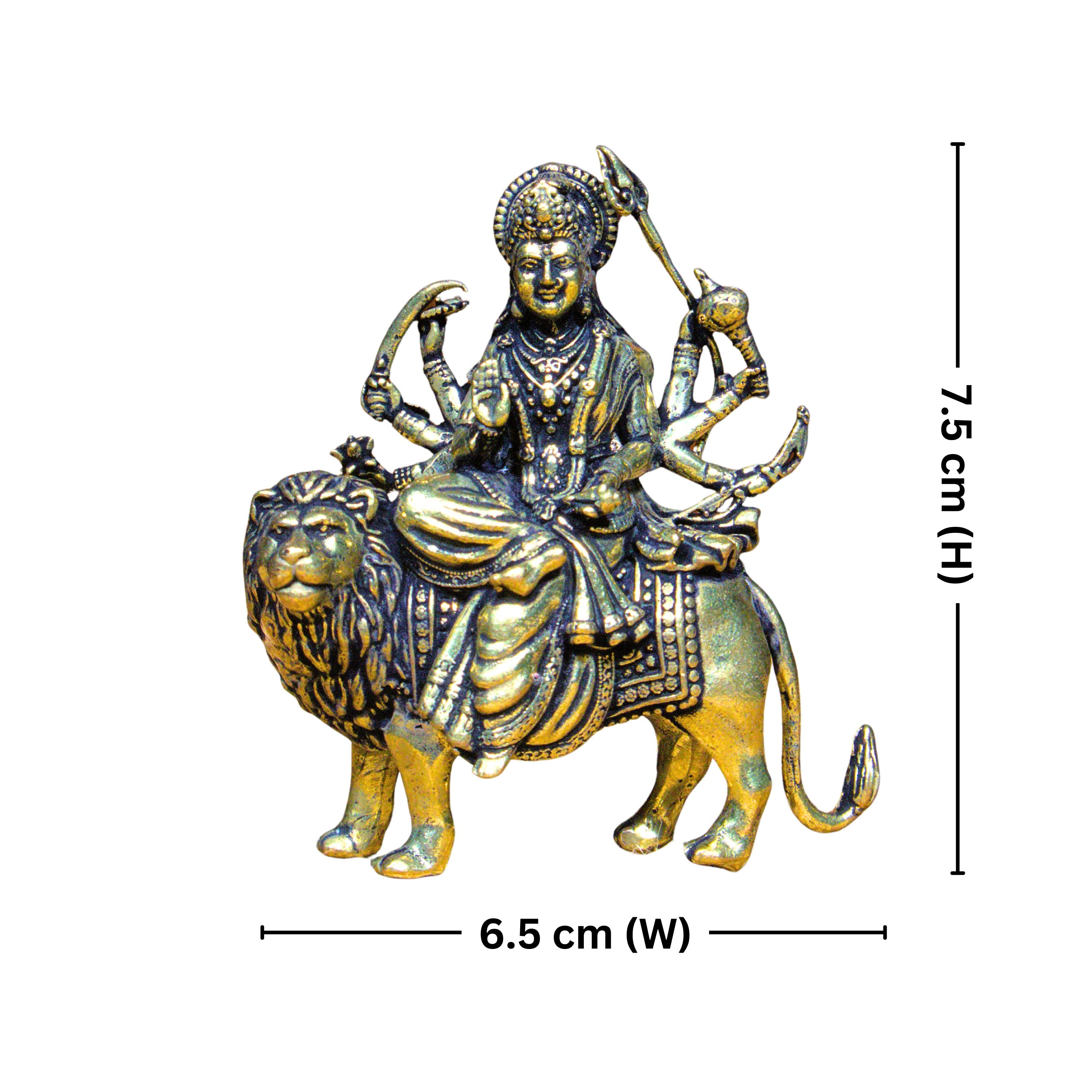 Brass Sherawali Maa Idol - 7.5cm | Sitting on Lion | Antique Golden Finish | Spiritual Idol for Temple & Home Decor