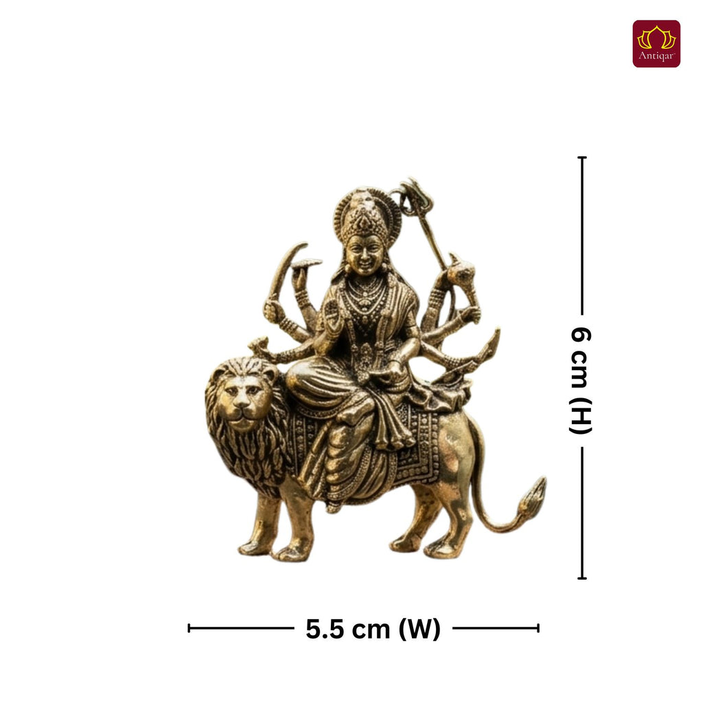 Brass Sherawali Maa Idol - 6cm | Sitting on Lion | Antique Finish | Spiritual Idol for Temple & Home Decor