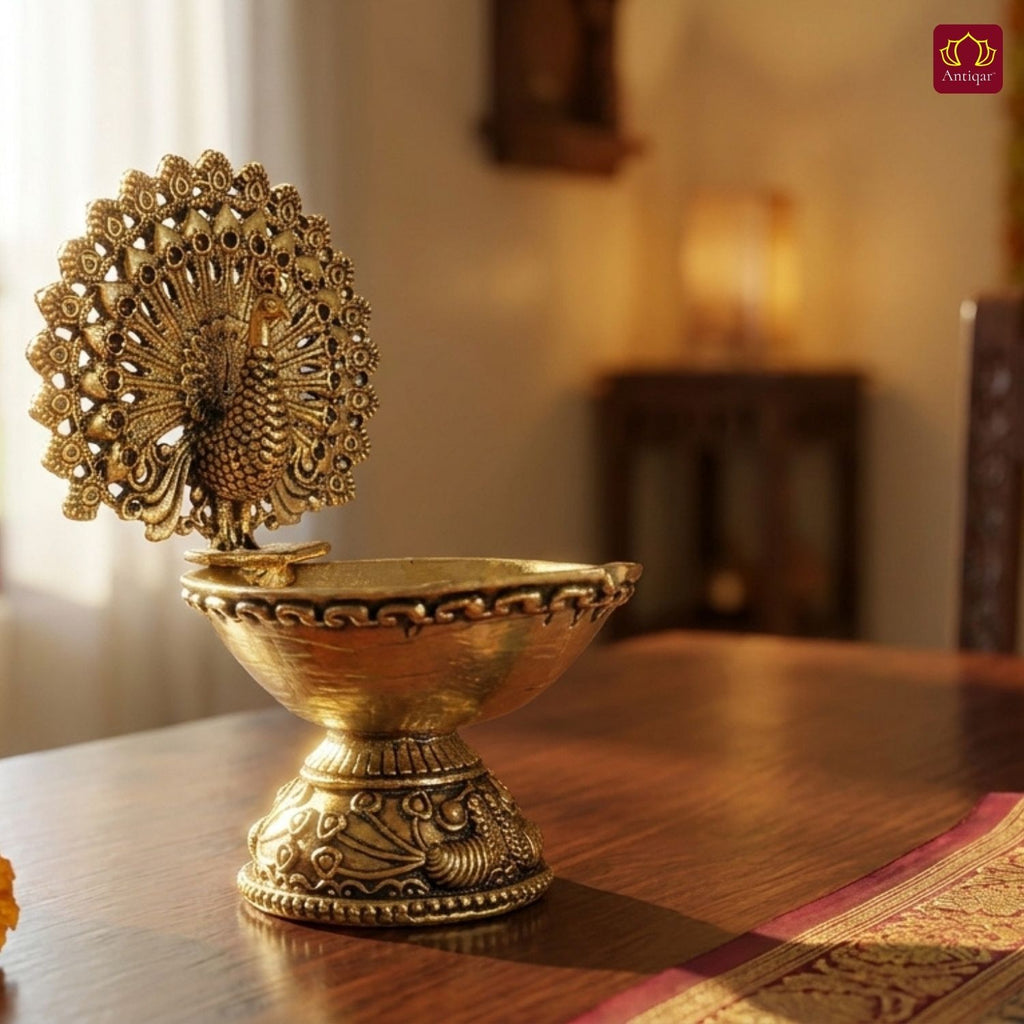 Brass Dancing Peacock on Diya - 7cm | Antique Finish | Spritual use for Pooja, Temple & Festival Decor