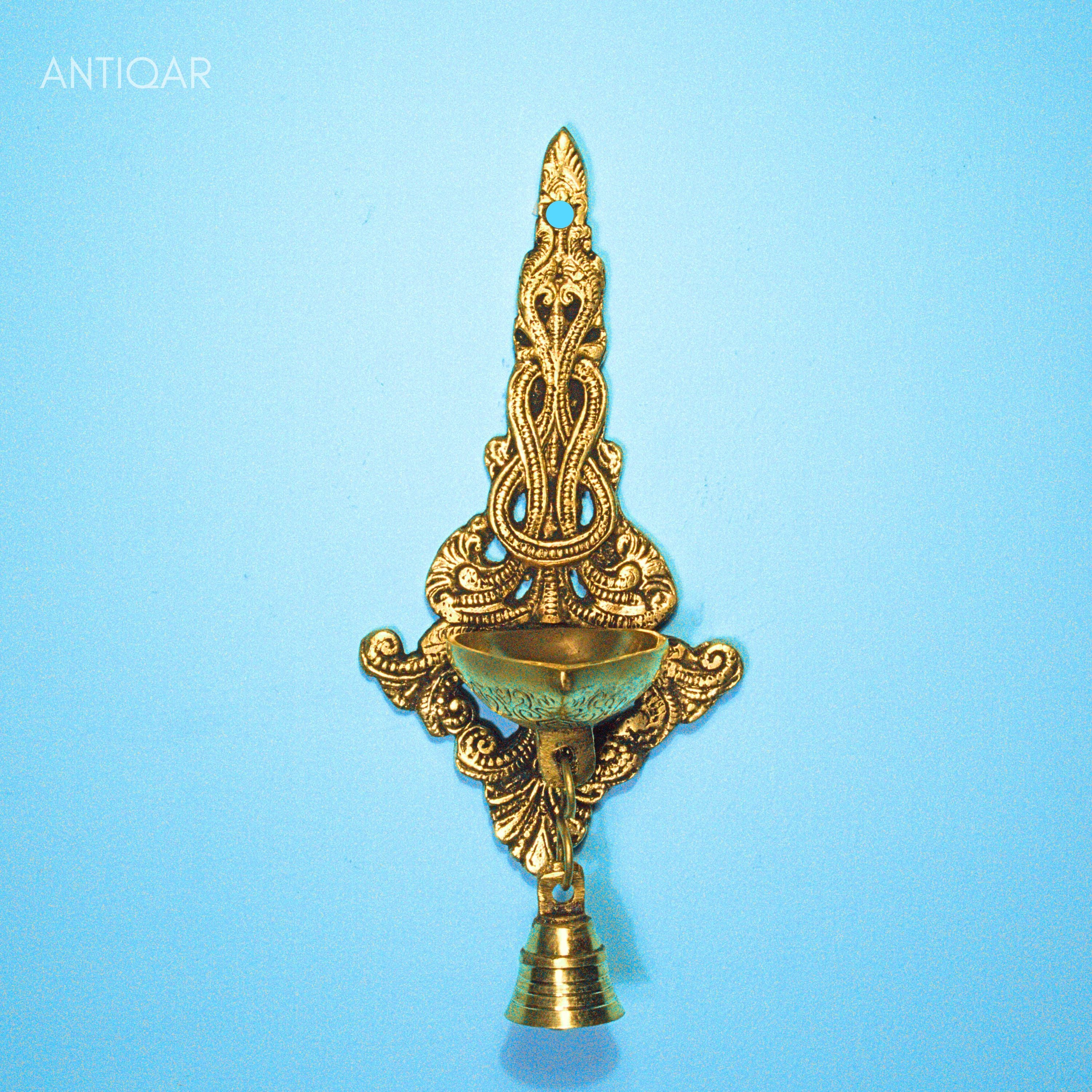 Brass Wall Hanging Diya – 24.5 cm | With One Bell | Black Antique Finish | Handcrafted Spiritual Decor for Temple, Home & Wall