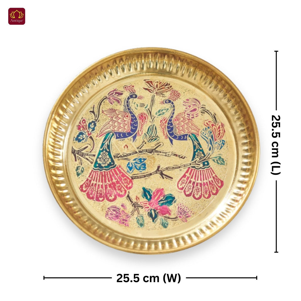 Brass Meenakari Etched Plate – 3cm | Embossed Peacock & Floral Design | Ideal for Serving Sweets, Fruits & Bhog Offerings