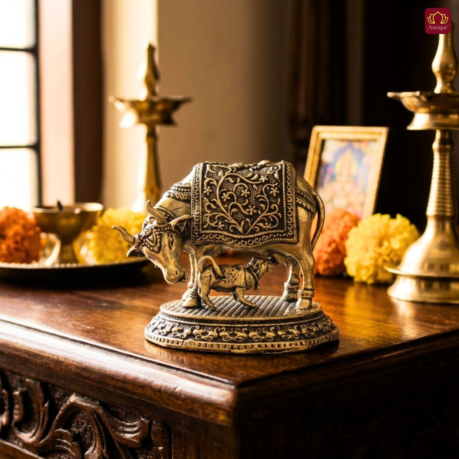 Brass Kamdhenu Cow & Calf Figurine - 5cm | Antique Finish | Spritual use for Home, Temple & Dashboard Decor
