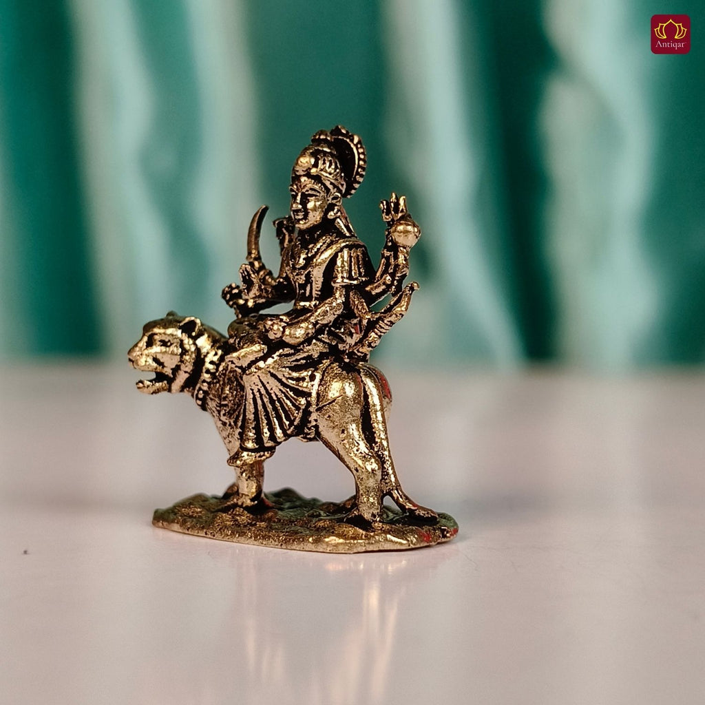 Brass Miniature Sherawali Maa Idol - 2.5cm | Antique Finish | Spritual use for Home, Temple & Car Dashboard Decor