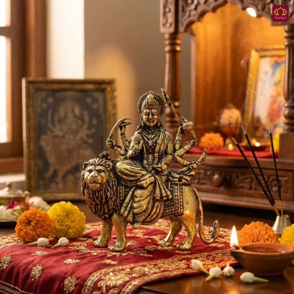 Brass Sherawali Maa Idol - 7.5cm | Sitting on Lion | Antique Golden Finish | Spiritual Idol for Temple & Home Decor