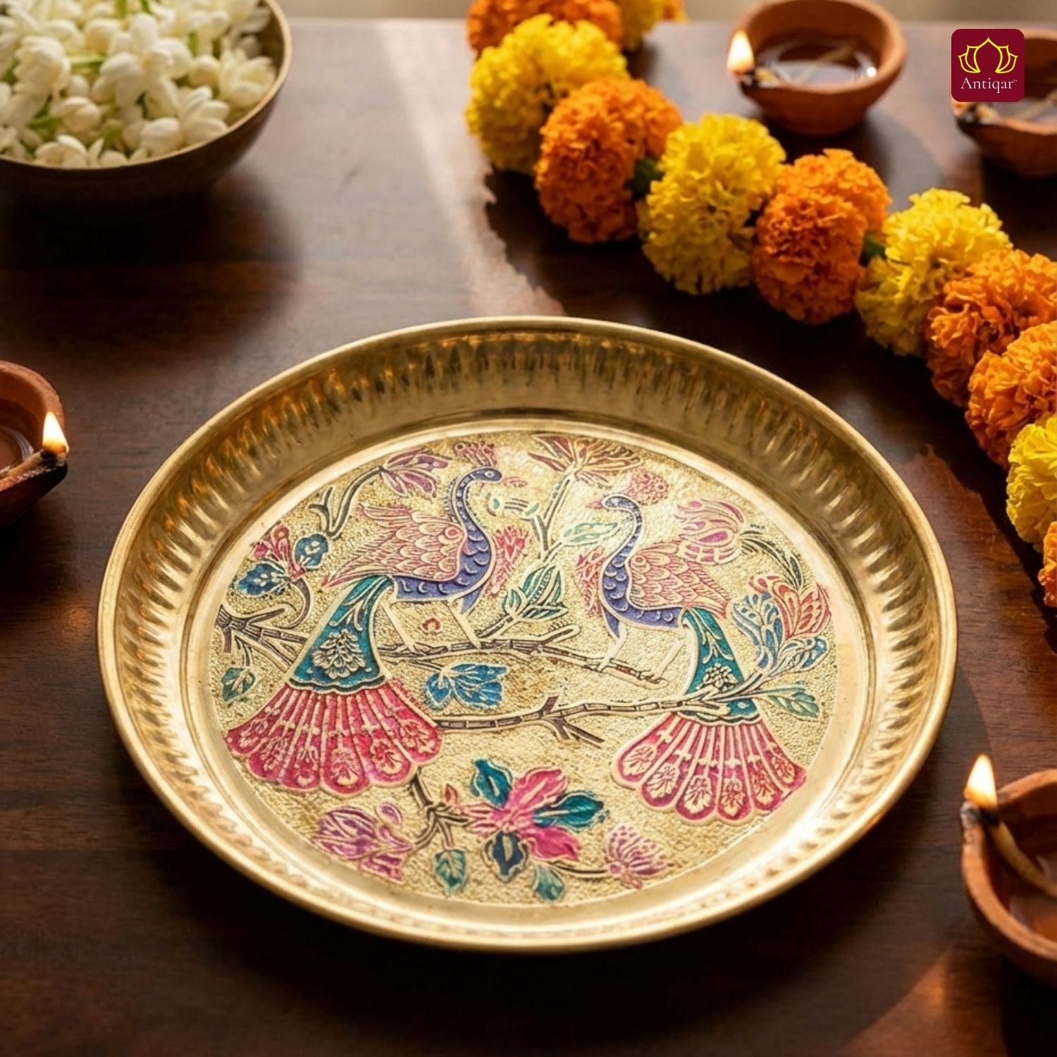 Brass Meenakari Etched Plate – 18 cm | Embossed Peacock & Floral Design | Ideal for Serving Sweets, Fruits & Bhog Offerings