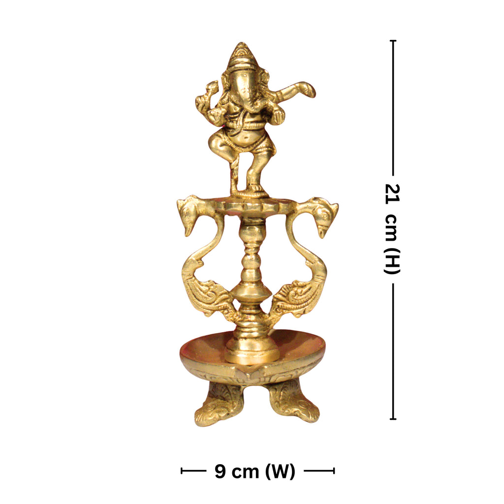 Brass Aarti Diya – 21 cm | Twin Peacock Design with Dancing Ganesha on Top | Antique Golden Finish | Handcrafted for Temple, Home & Religious Decor