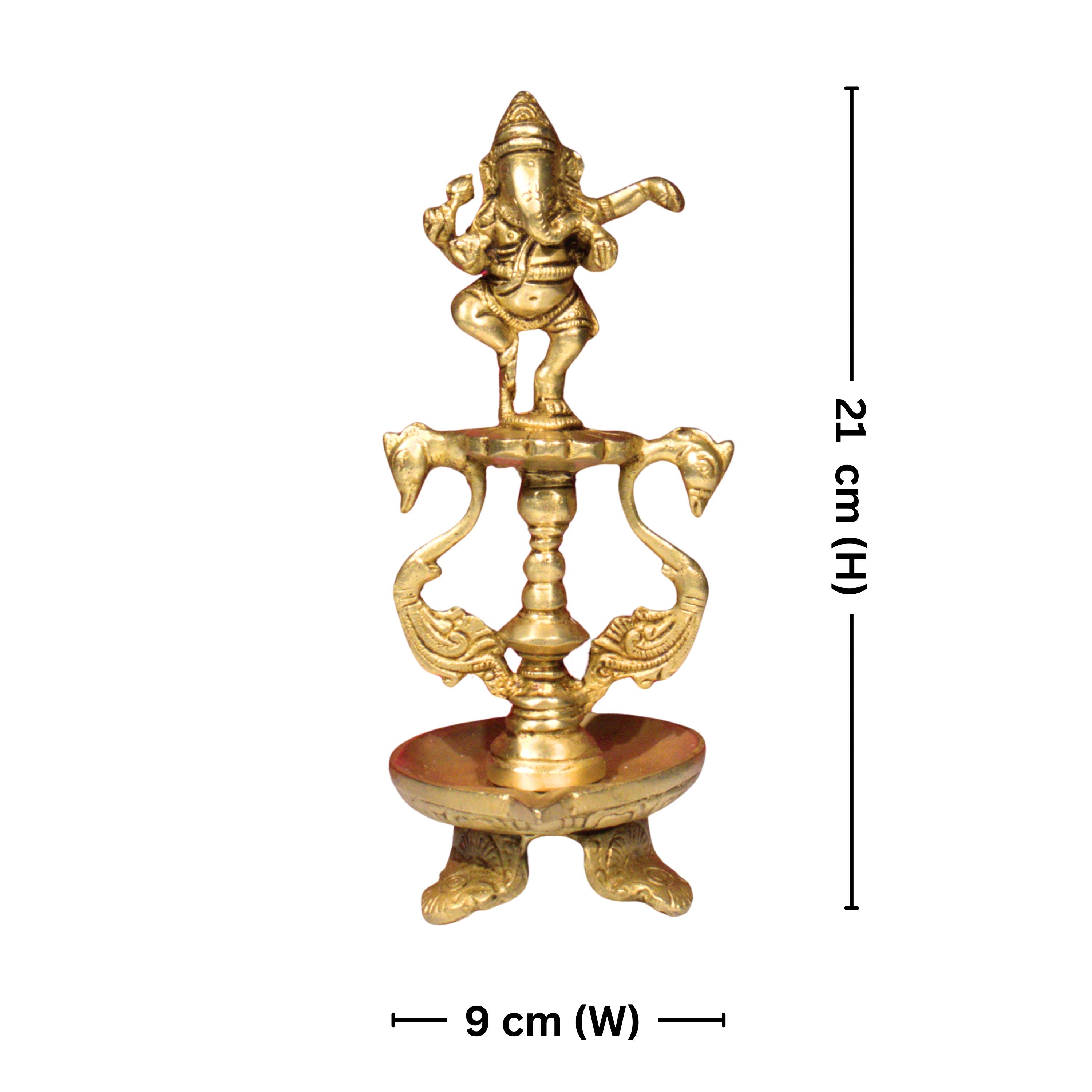 Brass Aarti Diya – 21 cm | Twin Peacock Design with Dancing Ganesha on Top | Antique Golden Finish | Handcrafted for Temple, Home & Religious Decor