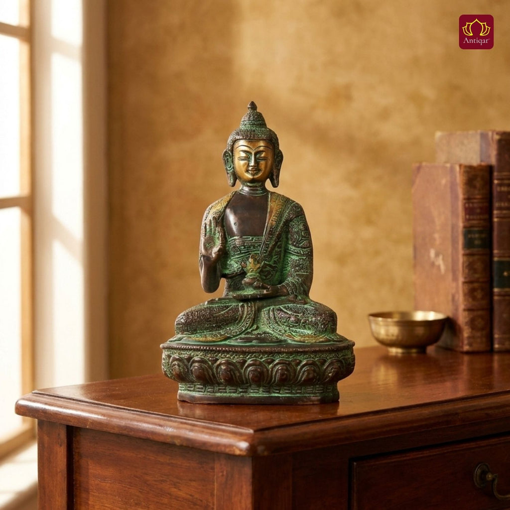 Brass Buddha Statue | Black Antique & Green Patina Finish | Home & Office Décor | Perfect for Meditation, Gifting & Spiritual Ambiance