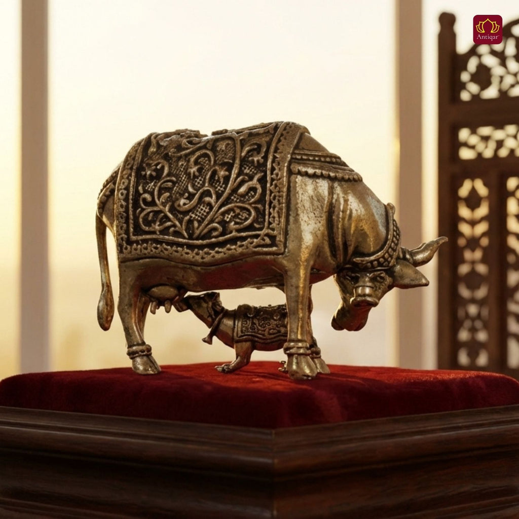 Brass Kamdhenu Cow & Calf Figurine - 5.5cm | Antique Finish | Spritual use for Home, Temple & Dashboard Decor