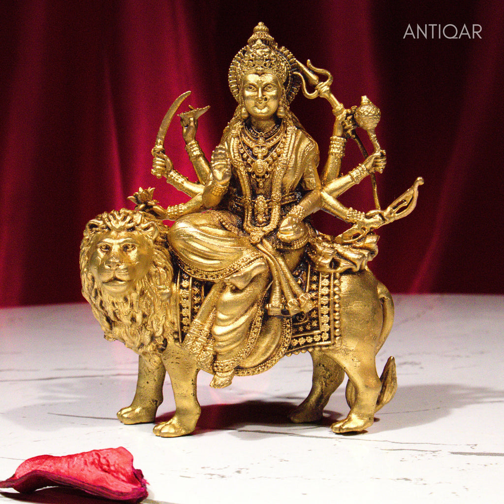 Brass Sherawali Maa Idol - 10cm | Sitting on Lion | Antique Golden Finish | Spiritual Idol for Temple & Home Decor