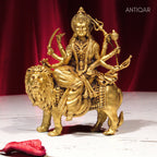 Brass Sherawali Maa Idol - 10cm | Sitting on Lion | Antique Golden Finish | Spiritual Idol for Temple & Home Decor