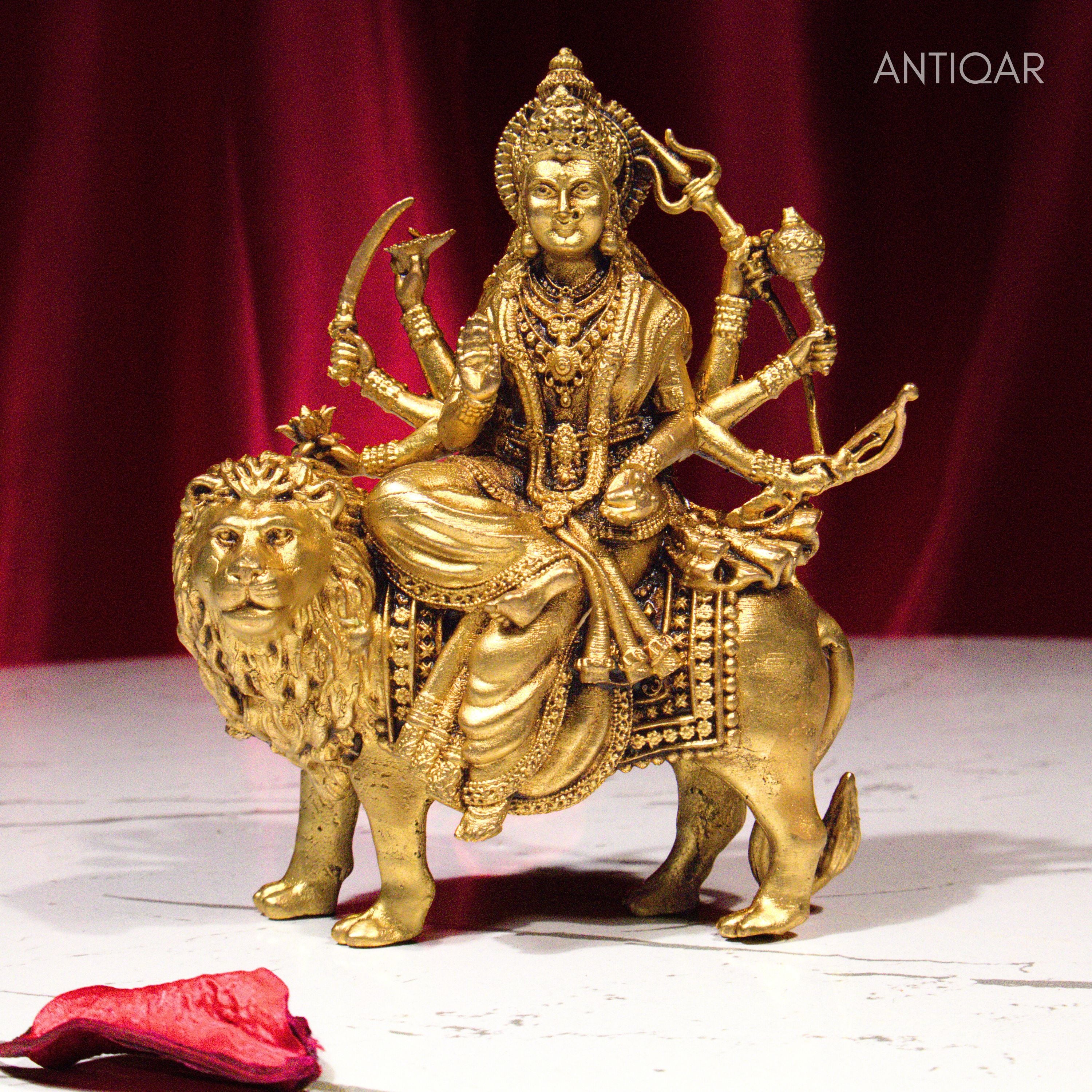 Brass Sherawali Maa Idol - 10cm | Sitting on Lion | Antique Golden Finish | Spiritual Idol for Temple & Home Decor