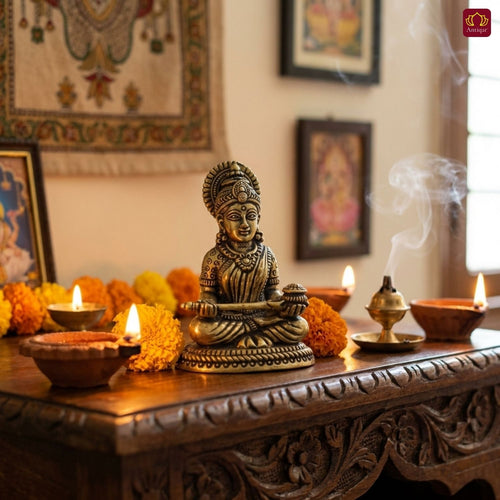 Brass Annapurna Devi Idol - 4cm | Antique Finish | Spiritual Idol for Temple & Home Decor