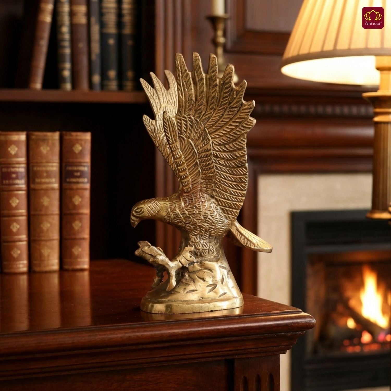 Brass Eagle Showpiece – 16 cm | Upward Wings Sitting on Rock with Carving | Superfine Finish | Handcrafted Decor for Home, Table & Vastu Use