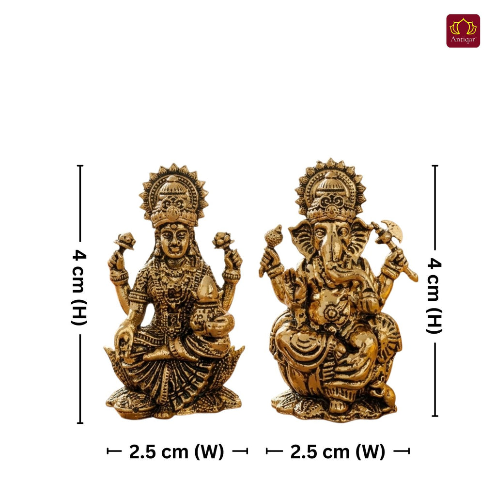 Brass Ganesh Laxmi Pair Idol - 4 cm | Golden Finish | Spiritual Idol for Temple & Home Decor