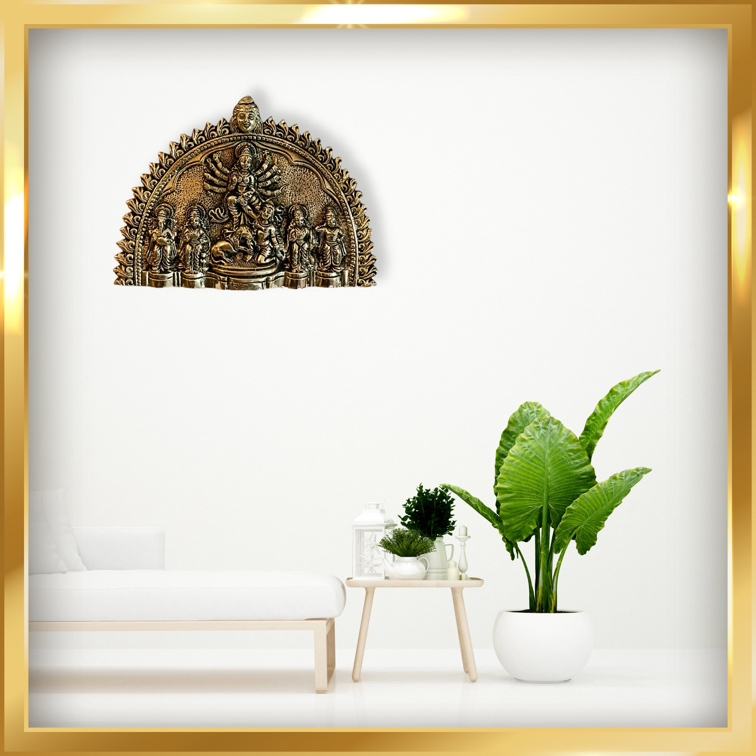 Brass Durga Maa Wall Hanging | Bengali Dashabhuja Style With Lion, Mahishasura, Ganesh, Kartikeya, Lakshmi & Saraswati | Handcrafted for Home & Temple Decor