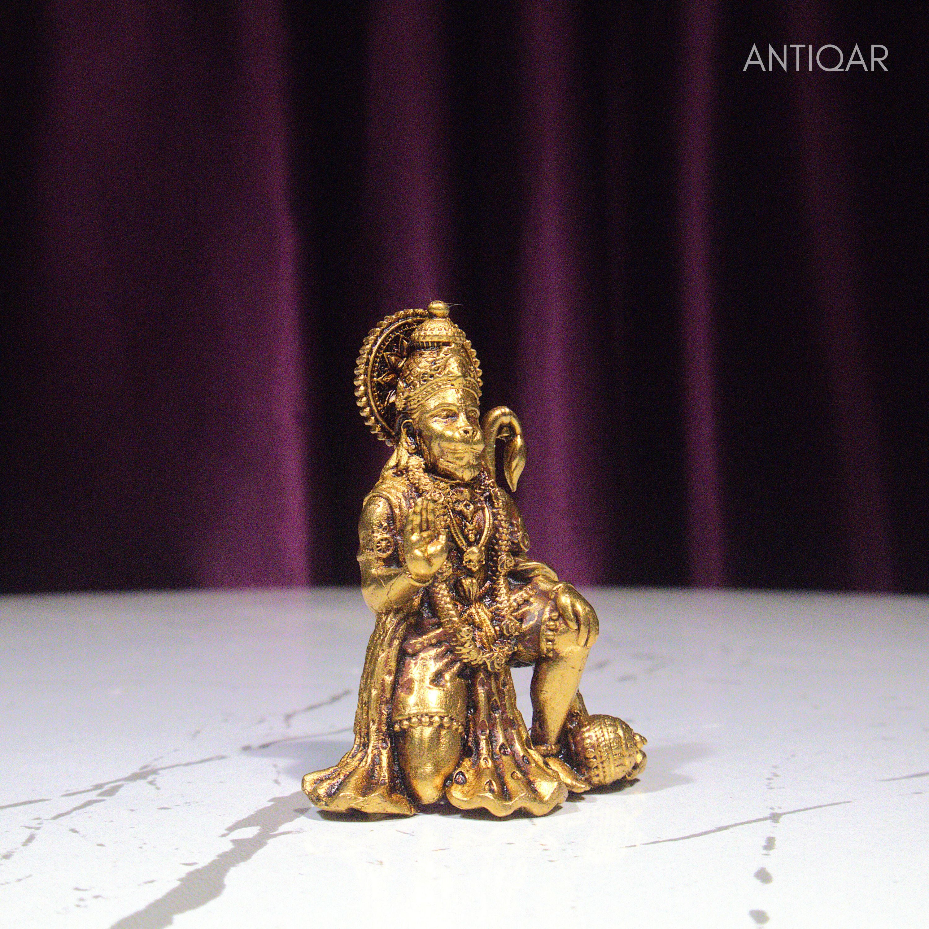 Brass Vintage Base Sitting Hanuman Ji Idol – 4cm | Antique Finish | Spiritual Idol for Temple, Home & Car Dashboard Decor