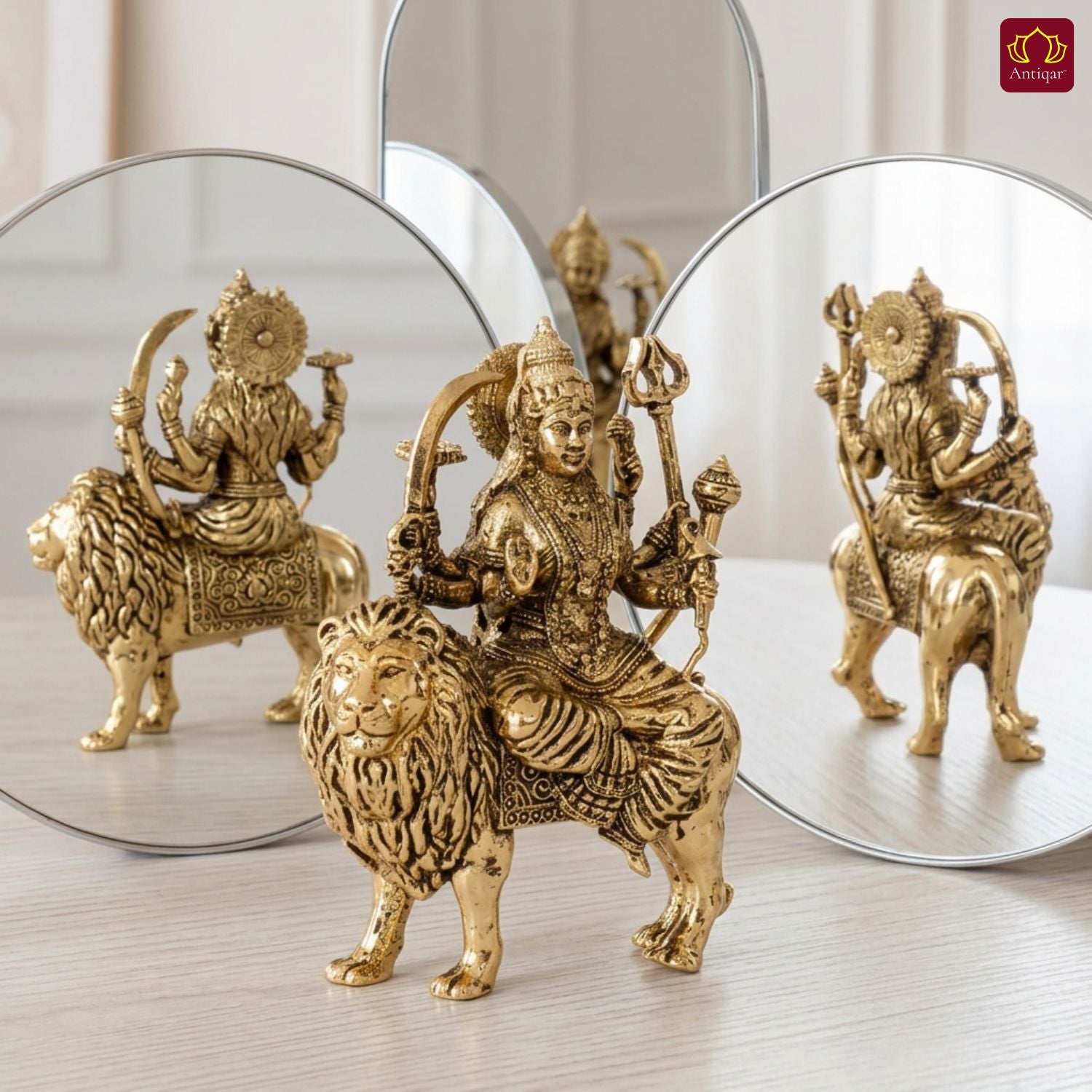 Brass Sherawali Maa Idol - 5.5cm | Sitting on Lion | Golden Finish | Spiritual Idol for Temple & Home Decor