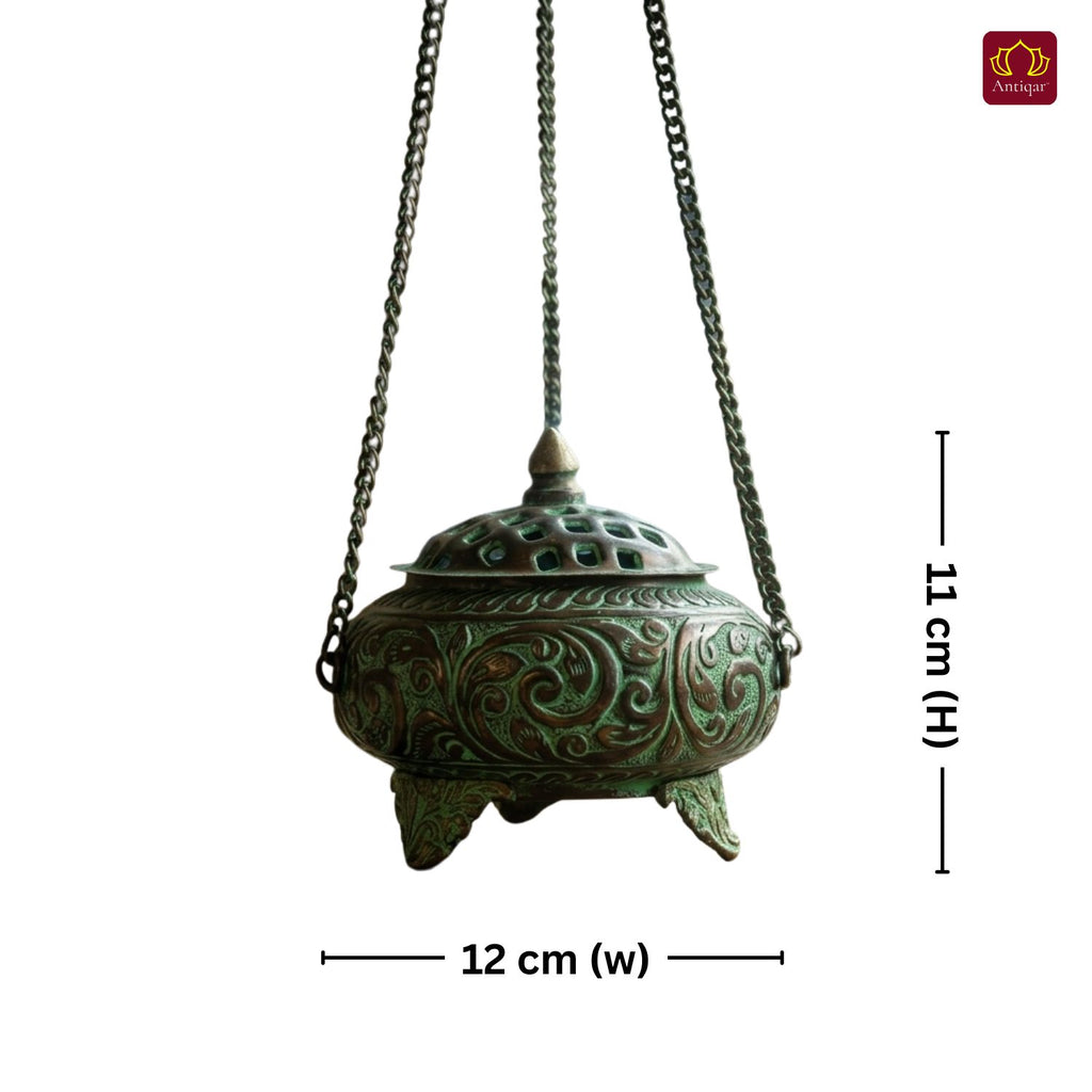 Antique Brass Incense Burner with Chain - 11cm  | Green Patina Finish | Decorative Vessel use for Meditation , Rituals & Aromatherapy