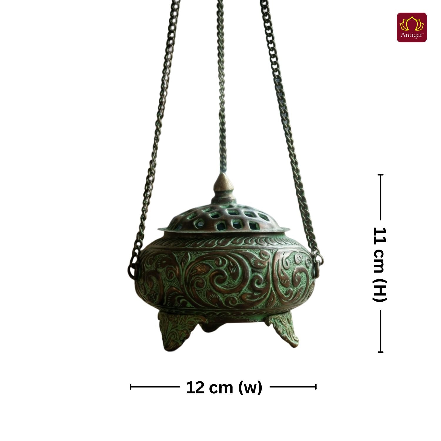 Antique Brass Incense Burner with Chain - 11cm  | Green Patina Finish | Decorative Vessel use for Meditation , Rituals & Aromatherapy