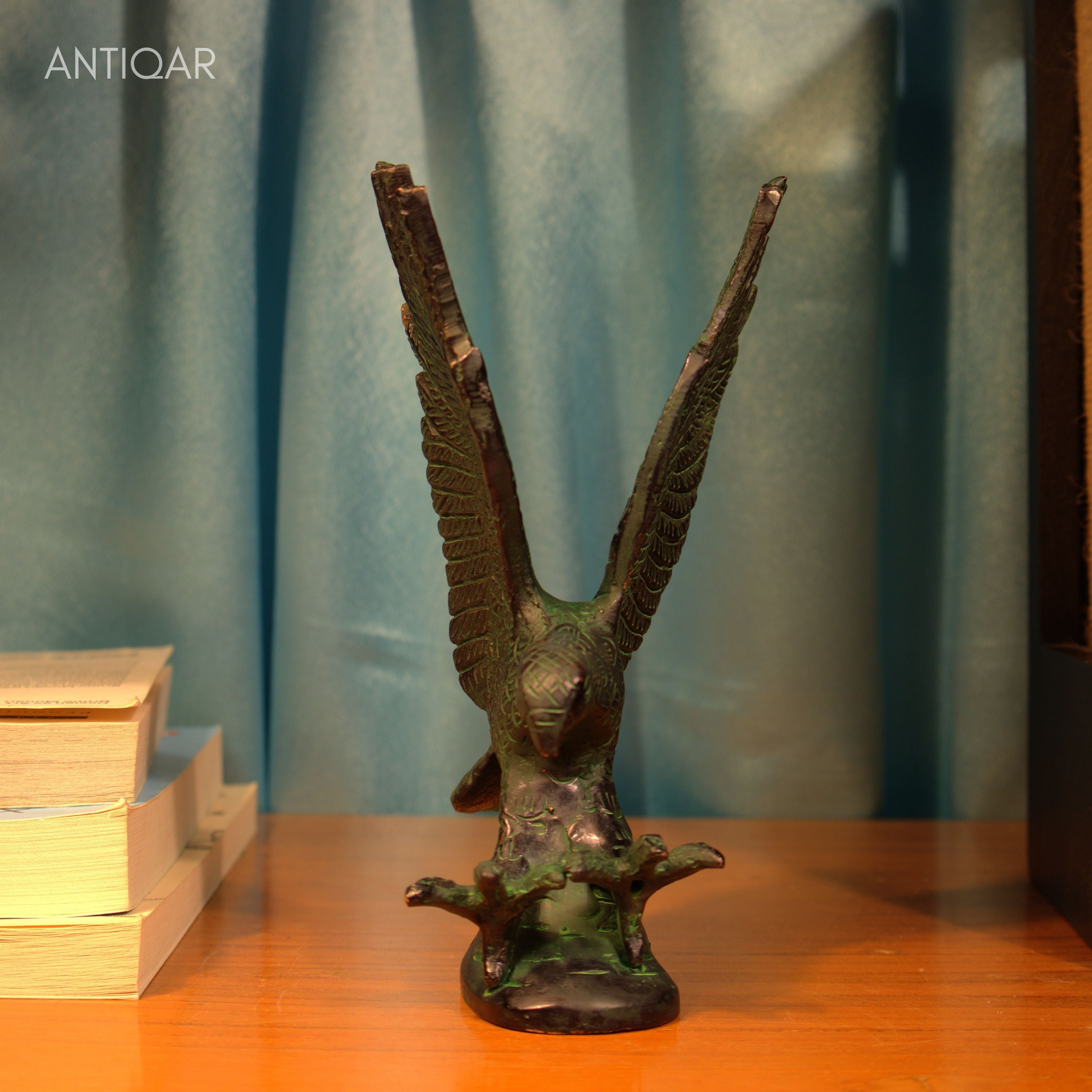 Brass Eagle with Upward Wing - 15.5cm | Green Patina Finish | Handcrafted Showpiece for Home Table Decor