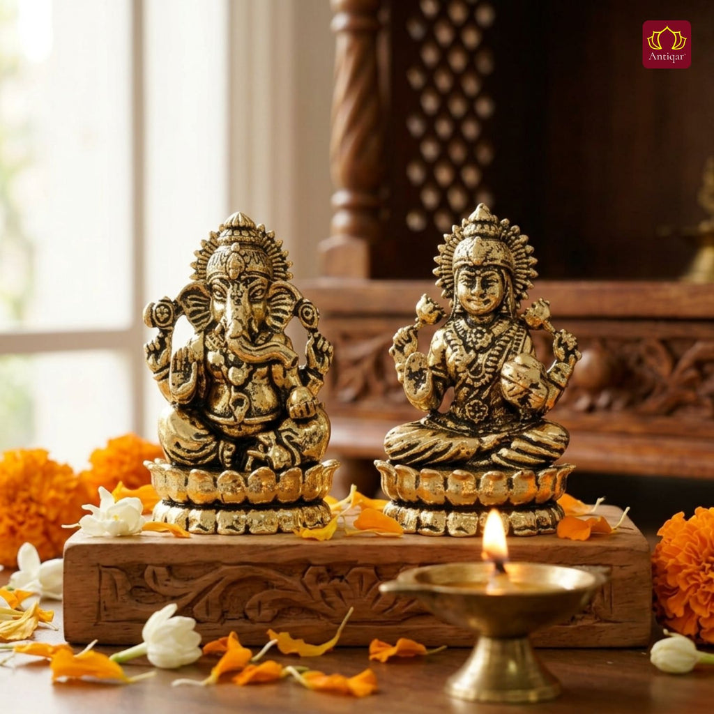Brass Ganesh Laxmi Pair Idol -4 cm | Golden Finish | Spiritual Idol for Temple & Home Decor