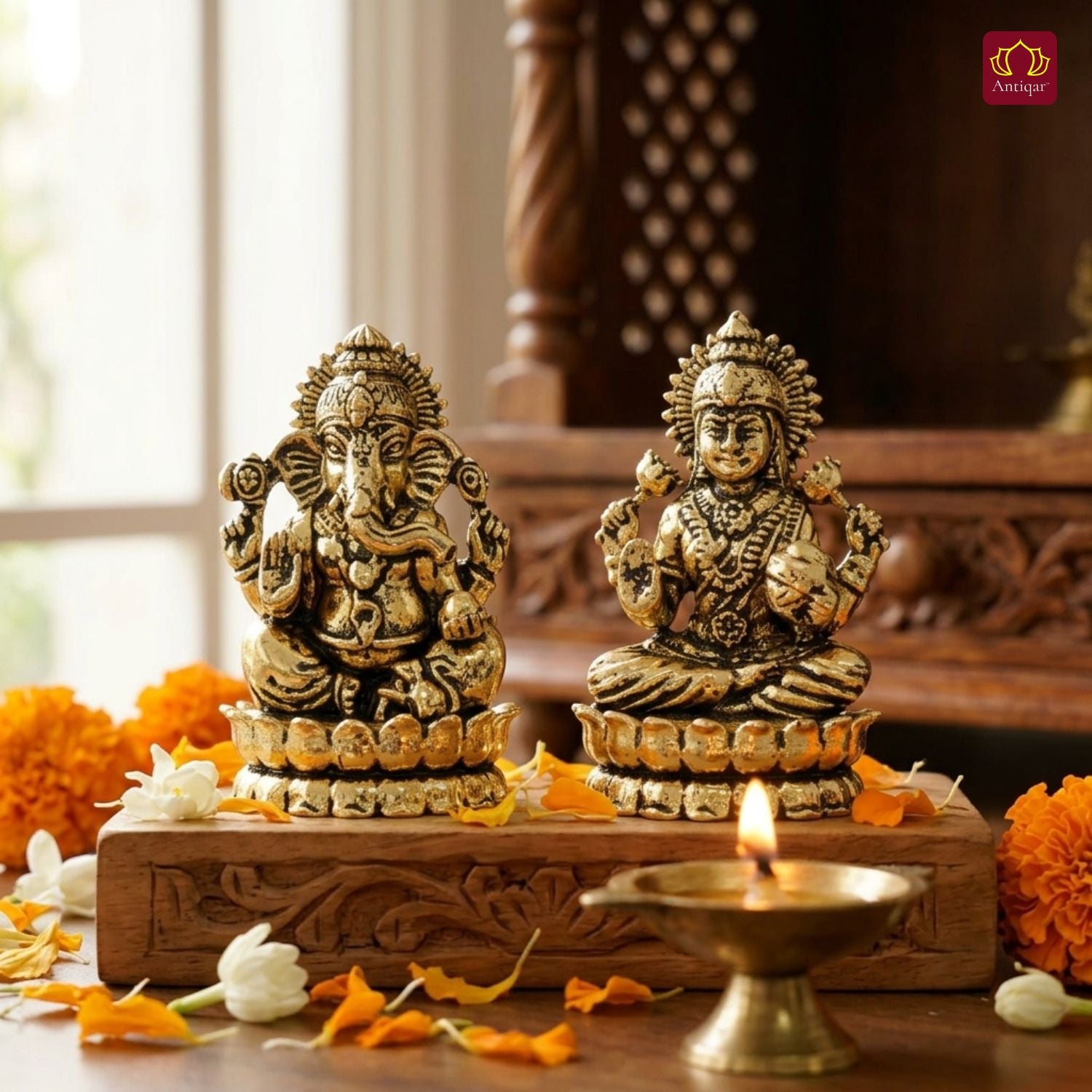 Brass Ganesh Laxmi Pair Idol -4 cm | Golden Finish | Spiritual Idol for Temple & Home Decor