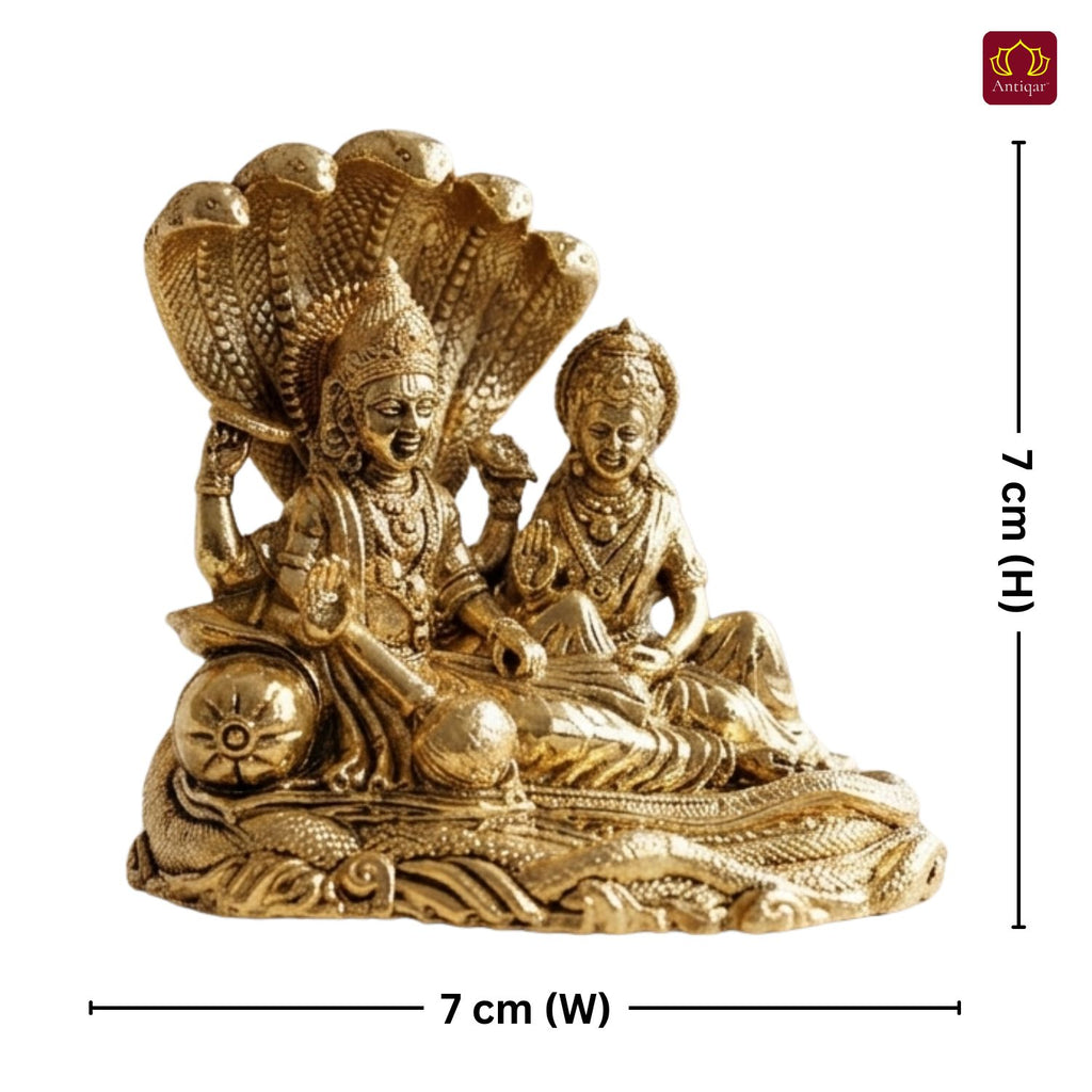 Brass Lakshmi Narayan Idol - 7cm  | Golden Finish | Spiritual Idol for Temple, Home & Car Dashboard Decor
