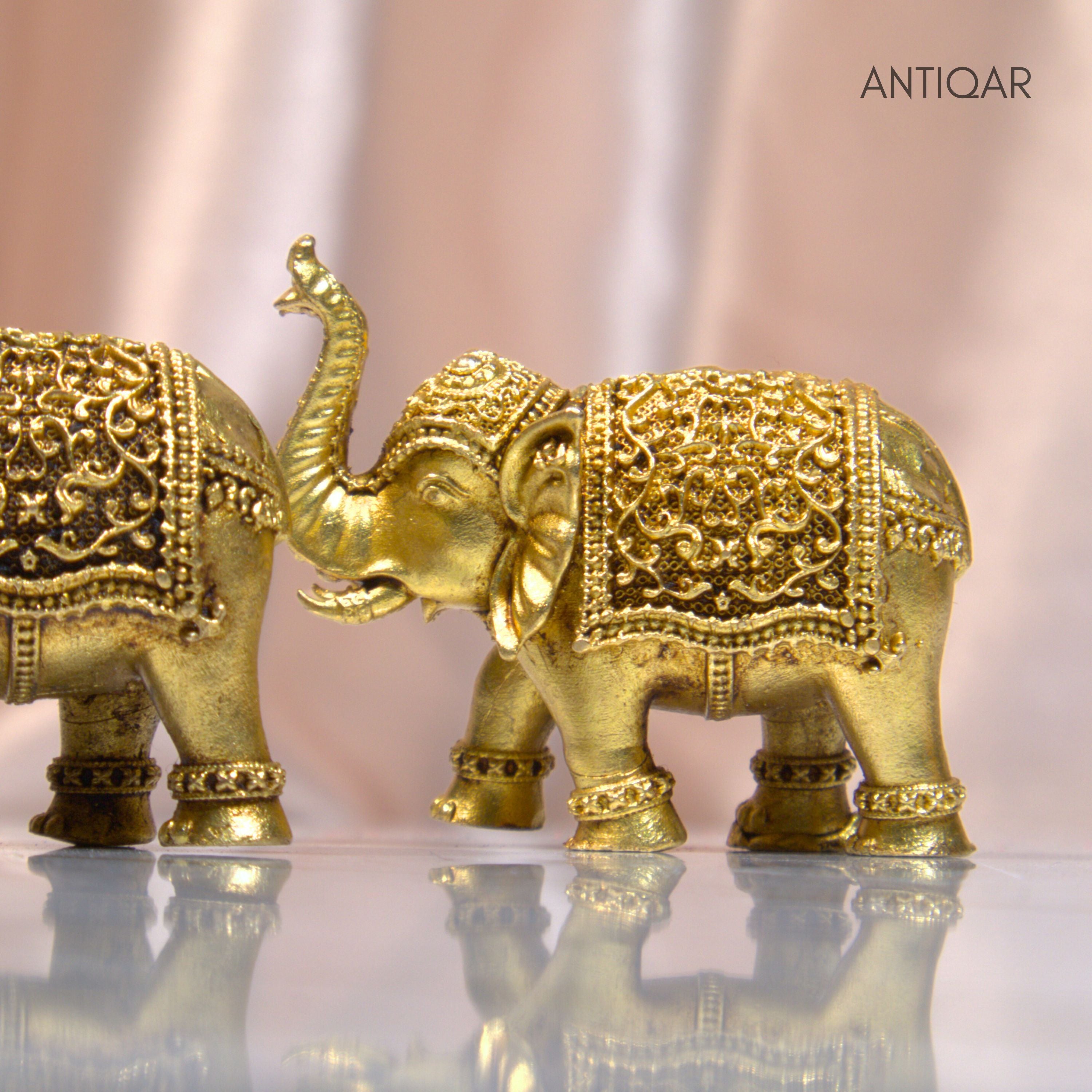 Brass Elephant Pair Showpiece in Vintage Design - 3.5cm | Antique Golden Finish | Decorative Figurines for Temple, Home & Office (Pack of 2)