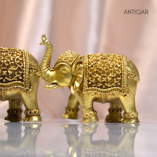 Brass Elephant Pair Showpiece in Vintage Design - 3.5cm | Antique Golden Finish | Decorative Figurines for Temple, Home & Office (Pack of 2)