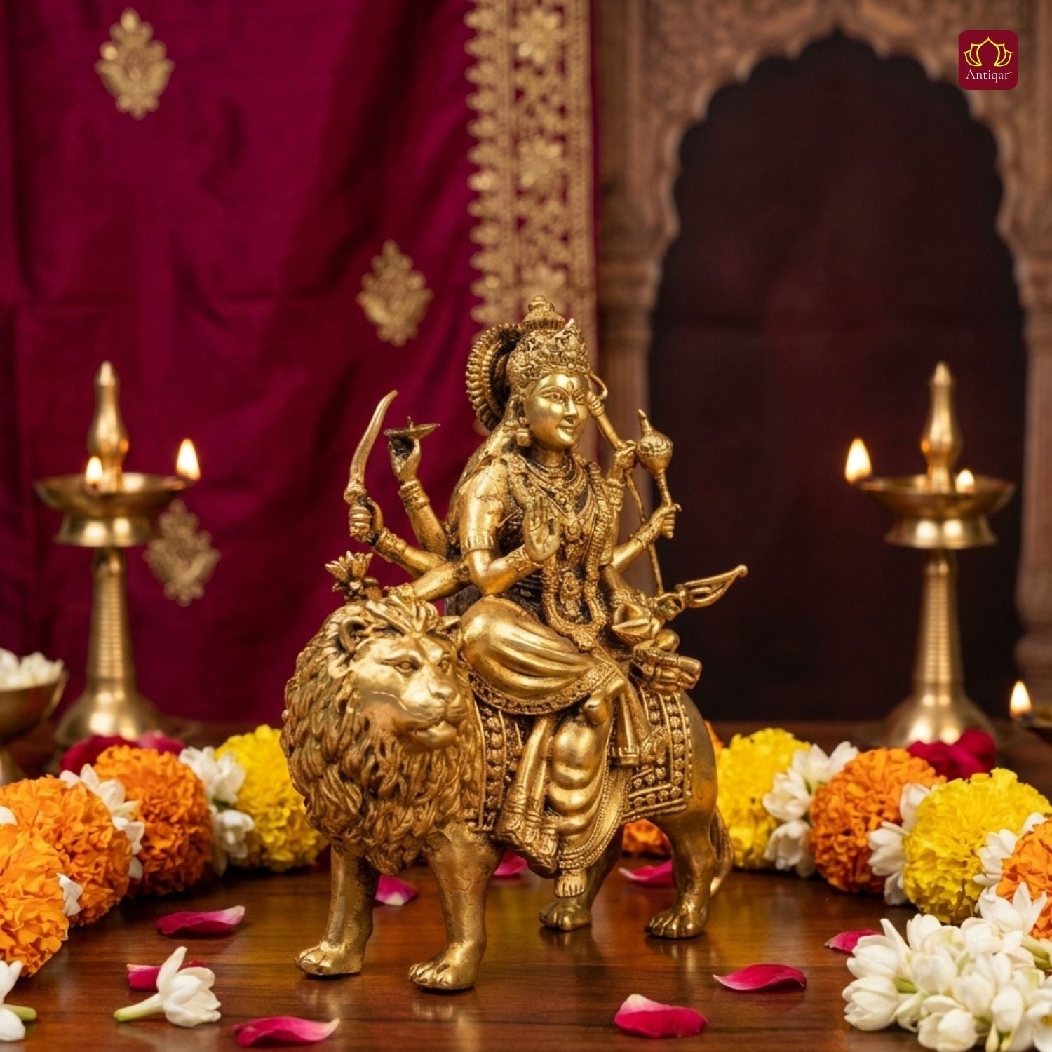 Brass Sherawali Maa Idol - 10cm | Sitting on Lion | Antique Golden Finish | Spiritual Idol for Temple & Home Decor