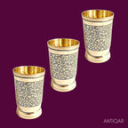 Brass Etching Design Glass - 10.5cm | Serve water & Milks | Antique Golden Finish | Traditional Mughlai Style use for serving in Kitchen, Festivals and Restaurents  (Pack of 3 set)