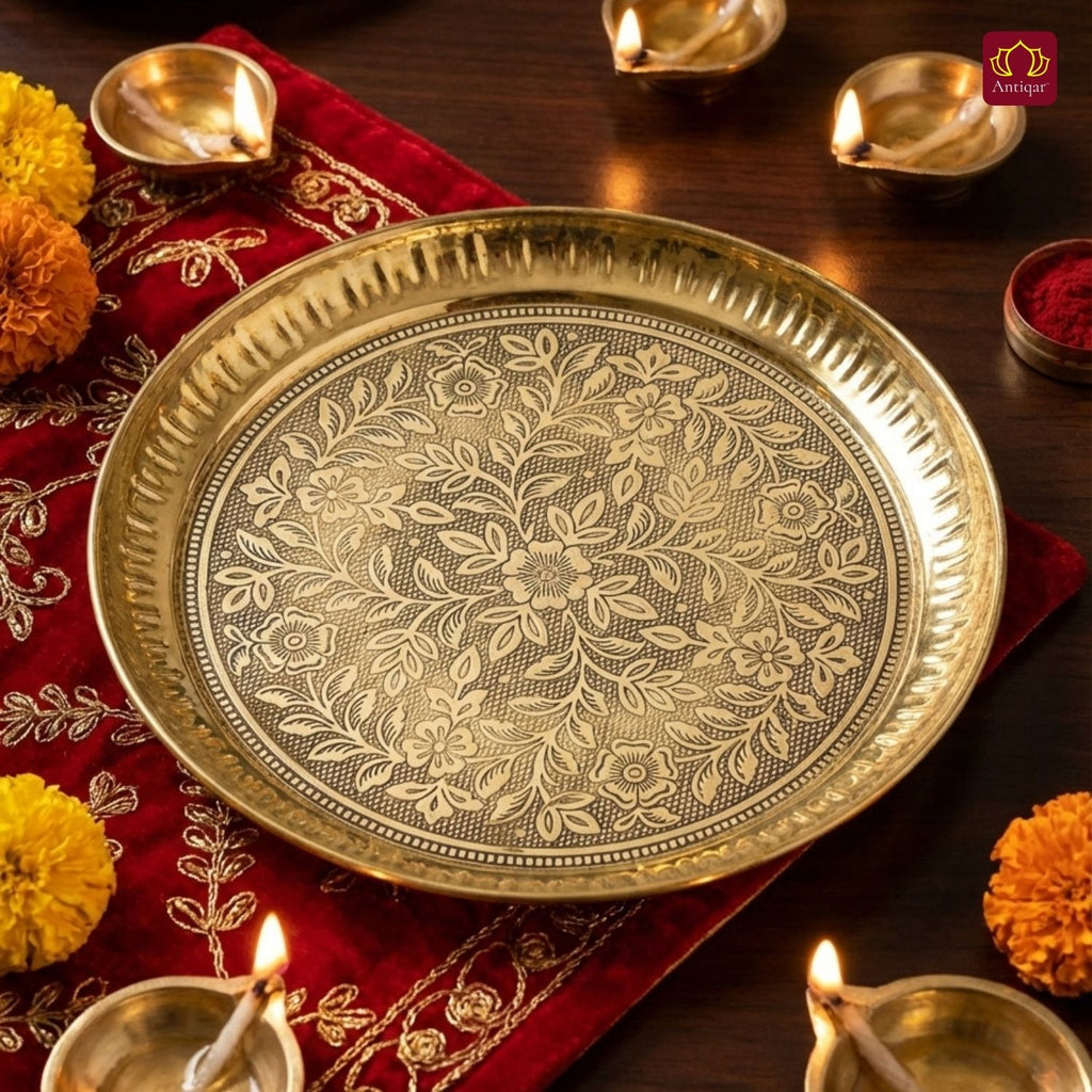 Brass Etching Floral Design Plate - 2.5cm | Serve Main Course items in Lunch & Dinner | Antique Golden Finish | Traditional Mughlai Style use for serving in Kitchen, Festivals and Restaurents