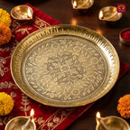 Brass Etching Floral Design Plate - 2.5cm | Serve Main Course items in Lunch & Dinner | Antique Golden Finish | Traditional Mughlai Style use for serving in Kitchen, Festivals and Restaurents