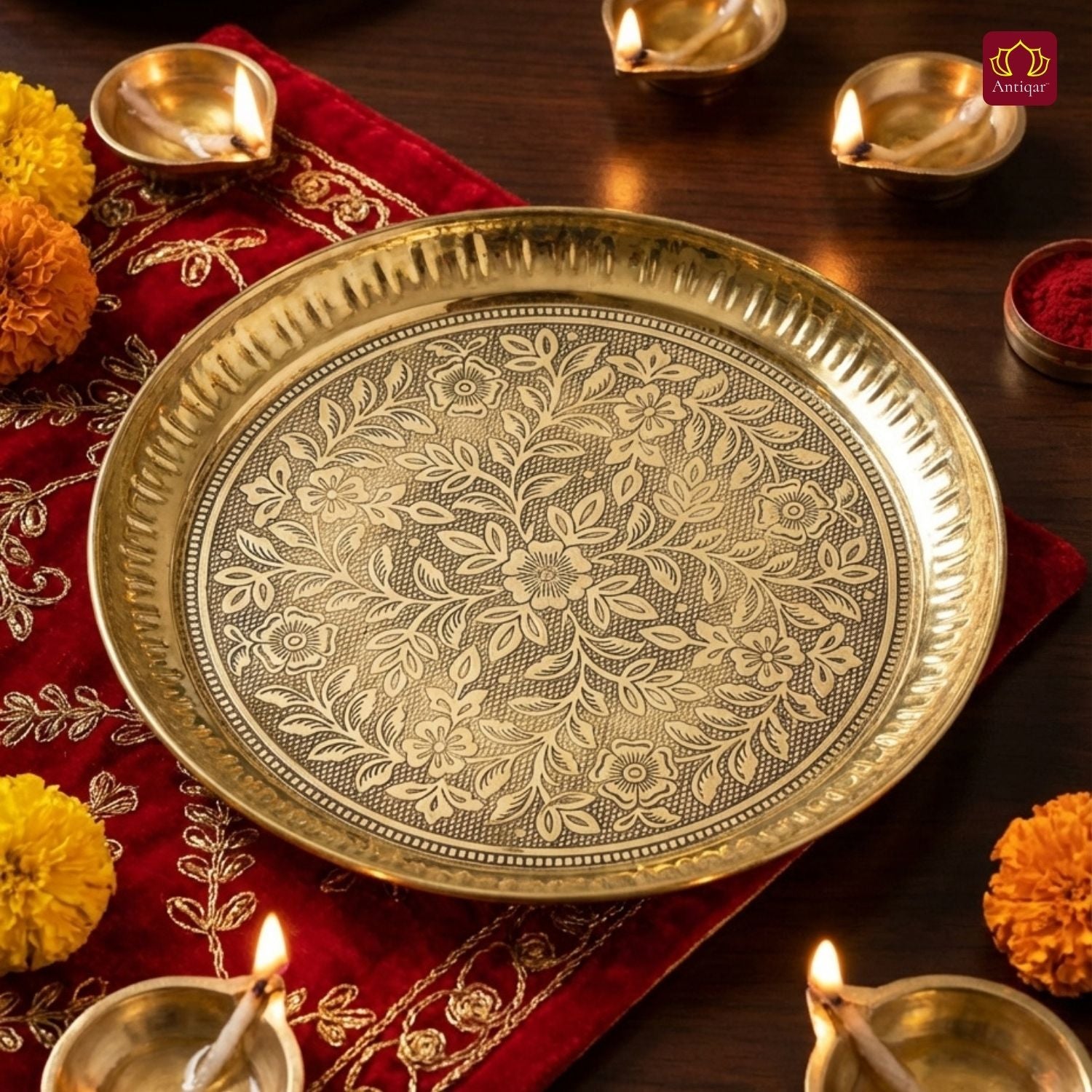Brass Etching Floral Design Plate - 2cm | Serve Main Course items in Lunch & Dinner | Antique Golden Finish | Traditional Mughlai Style use for serving in Kitchen, Festivals and Restaurents