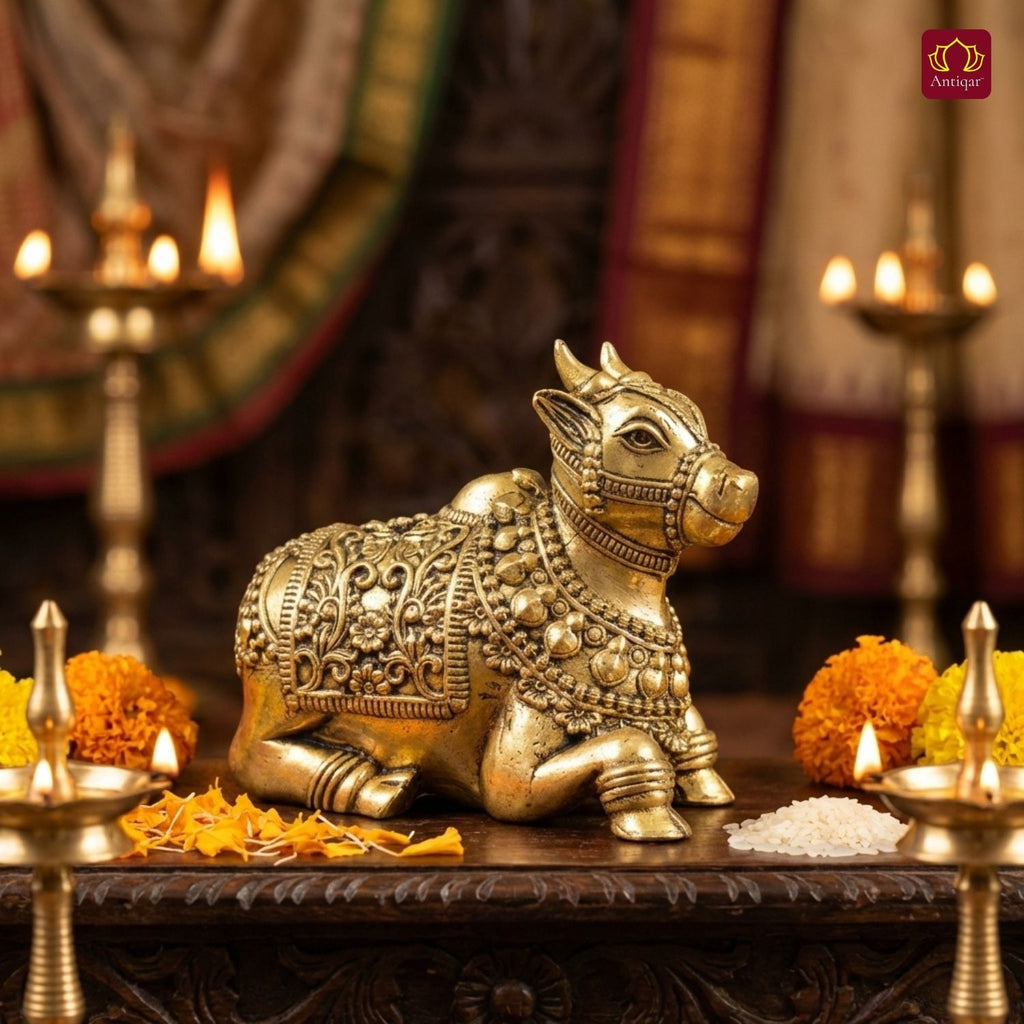 Brass Nandi Figurine - 6cm | Antique Finish | Spritual use for Home, Temple & Car Dashboard Decor