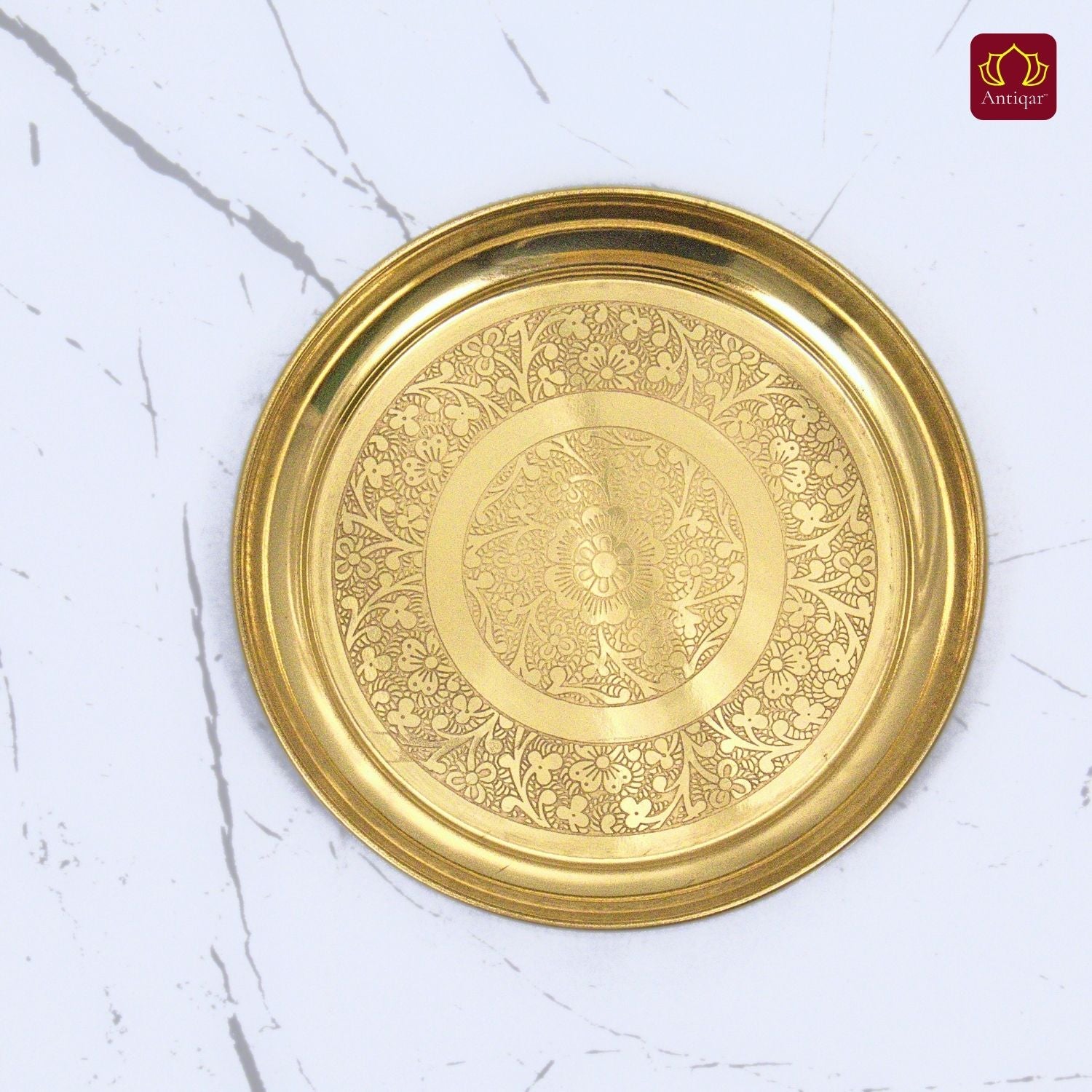Brass Etching Design Plate - 2cm | Serve Main Course items in Lunch & Dinner | Antique Golden Finish | Traditional Mughlai Style use for serving in Kitchen, Festivals and Restaurents
